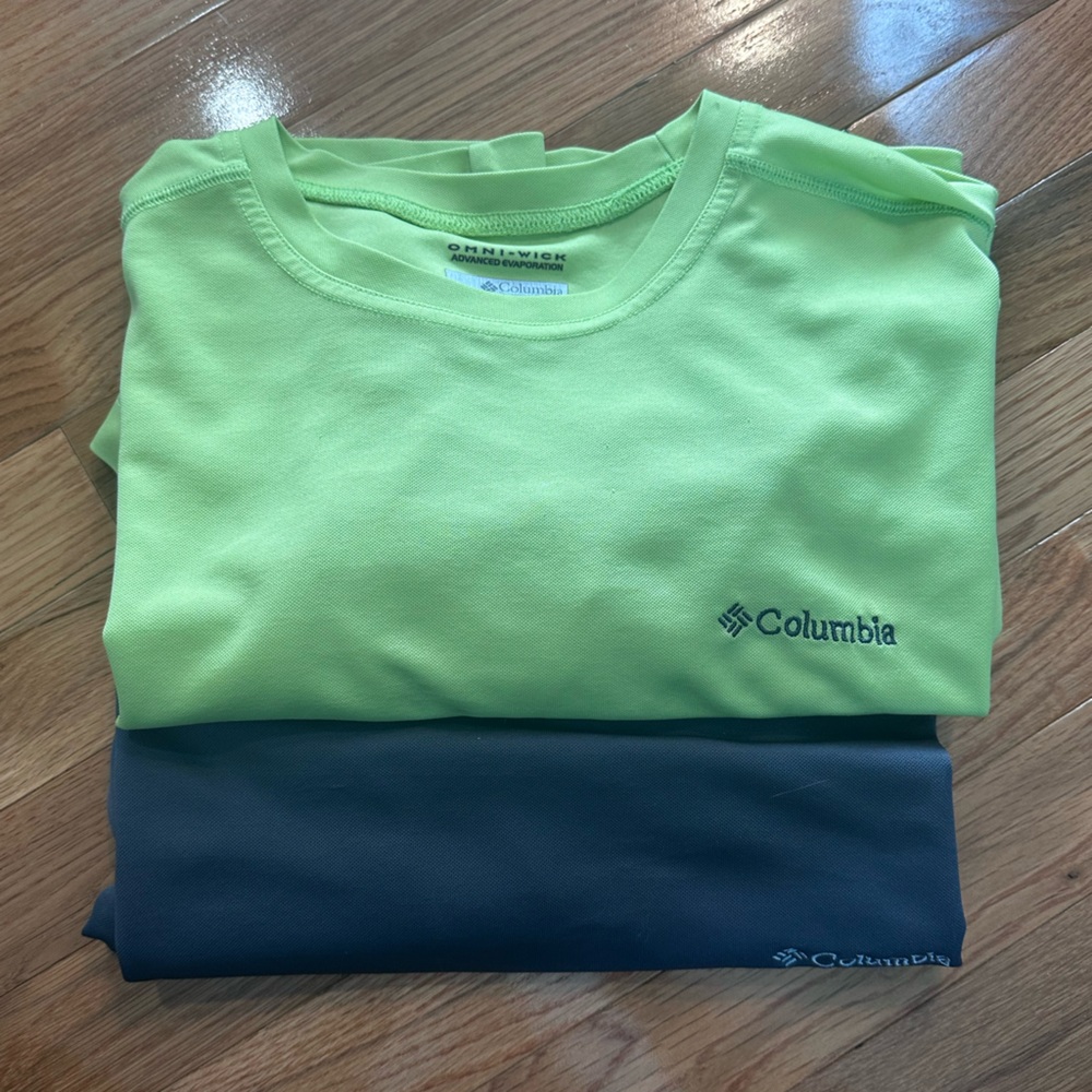 Two men’s Columbia athletic tshirts - large TALL - lime green - dark gray